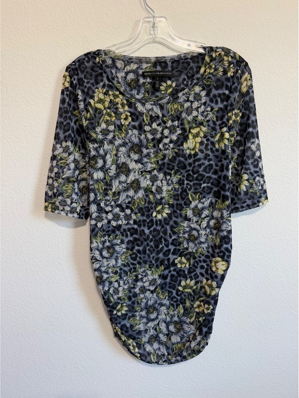 WHBM Short Sleeve Scoop Neck Floral Rushed Side Mesh T-Shirt Women's Size L